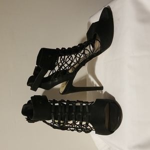 Vince Camuto Black Leather Open-Toe Fossel Gladiator Heels